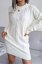 Klassisches Langarm-Winter-Zopfmuster-Pullover-Minikleid - Weiß